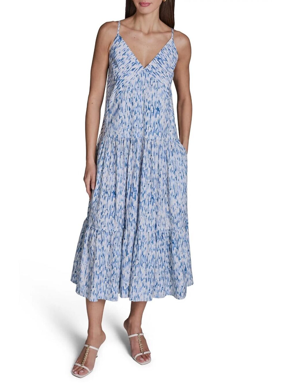 BCBG Powder Blue Multi Cotton Tiered V-Neck Midi Sundress Size 4 NWT